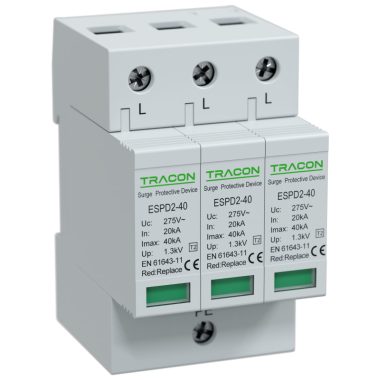TRACON ESPD2-40-3P T2 AC típusú túlfeszültség levezető, cserélhető betéttel Uc:275V; In:20kA; Imax:40kA; Up:1,3kV; 3P