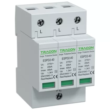   TRACON ESPD2-40-3P T2 AC típusú túlfeszültség levezető, cserélhető betéttel Uc:275V; In:20kA; Imax:40kA; Up:1,3kV; 3P