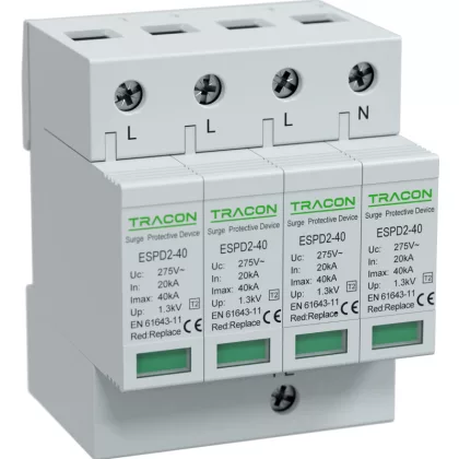   TRACON ESPD2-40-4P T2 AC típusú túlfeszültség levezető, cserélhető betéttel Uc:275V; In:20kA; Imax:40kA; Up:1,3kV; 4P