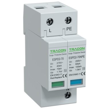 TRACON ESPD2-70-1+1P T2 AC típusú túlfeszültség levezető, cserélhető betéttel Uc:275/255V;