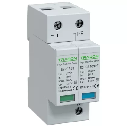   TRACON ESPD2-70-1+1P T2 AC típusú túlfeszültség levezető, cserélhető betéttel Uc:275/255V; In:40kA; Imax:70kA; Up:1,7/1,5kV; 1+1P