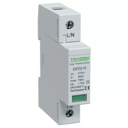   TRACON ESPD2-70-1P T2 AC típusú túlfeszültség levezető, cserélhető betéttel Uc:275V; In:40kA; Imax:70kA; Up:1,7kV; 1P