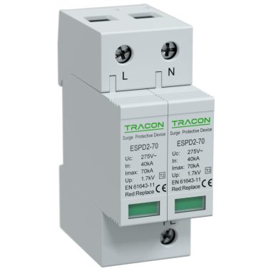 TRACON ESPD2-70-2P T2 AC típusú túlfeszültség levezető, cserélhető betéttel Uc:275V; In:40
