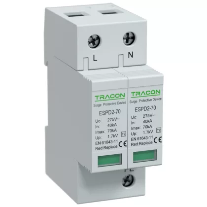   TRACON ESPD2-70-2P T2 AC típusú túlfeszültség levezető, cserélhető betéttel Uc:275V; In:40kA; Imax:70kA; Up:1,7kV; 2P