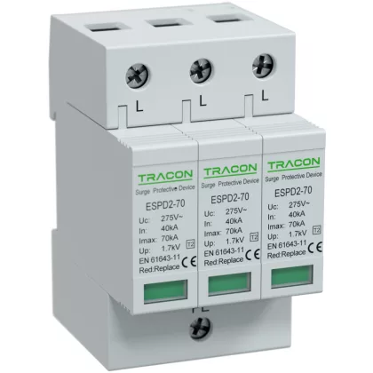   TRACON ESPD2-70-3P T2 AC típusú túlfeszültség levezető, cserélhető betéttel Uc:275V; In:40kA; Imax:70kA; Up:1,7kV; 3P