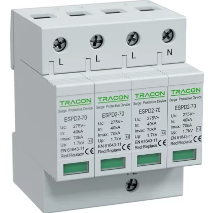   TRACON ESPD2-70-4P T2 AC típusú túlfeszültség levezető, cserélhető betéttel Uc:275V; In:40kA; Imax:70kA; Up:1,7kV; 4P