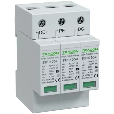 TRACON ESPD2-DC40-1000 T2 DC típusú túlfeszültség levezető, cserélhető betéttel Ucpv: 1200V; In:20kA; Imax:40kA; Up:4kV