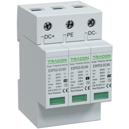   TRACON ESPD2-DC40-600 T2 DC típusú túlfeszültség levezető, cserélhető betéttel Ucpv: 800V; In:20kA; Imax:40kA; Up:2,6kV