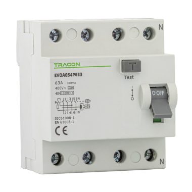 TRACON EVOAGS4P631 Áram-védőkapcsoló, 4 pólusú 63A, 100mA, 10kA, A/S