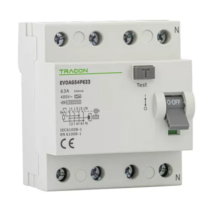 TRACON EVOAGS4P631 Áram-védőkapcsoló, 4 pólusú 63A, 100mA, 10kA, A/S