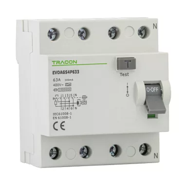 TRACON EVOAGS4P801 Áram-védőkapcsoló, 4 pólusú 80A, 100mA, 10kA, A/S (Fi-relé)