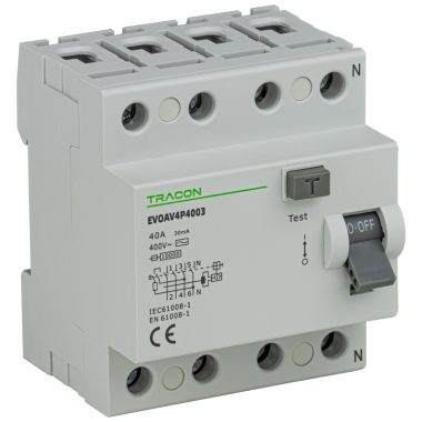 TRACON EVOAV4P10003 Áram-védőkapcsoló, 4 pólusú 100A, 30mA, 10kA, AC TRACON EVOAV4P10003 Áram-védőkapcsoló, 4 pólusú 100A, 30mA, 10kA, AC