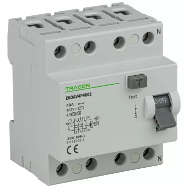 TRACON EVOAV4P10003 Áram-védőkapcsoló, 4 pólusú 100A, 30mA, 10kA, AC (Fi-relé) TRACON EVOAV4P10003 Áram-védőkapcsoló, 4 pólusú 100A, 30mA, 10kA, AC (Fi-relé)