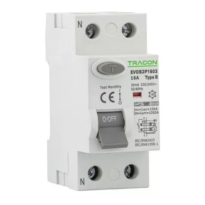 TRACON EVOB2P2503 Áram-védőkapcsoló, 2 pólusú 25A, 30mA, 10kA, B (Fi-relé) TRACON EVOB2P2503 Áram-védőkapcsoló, 2 pólusú 25A, 30mA, 10kA, B (Fi-relé)