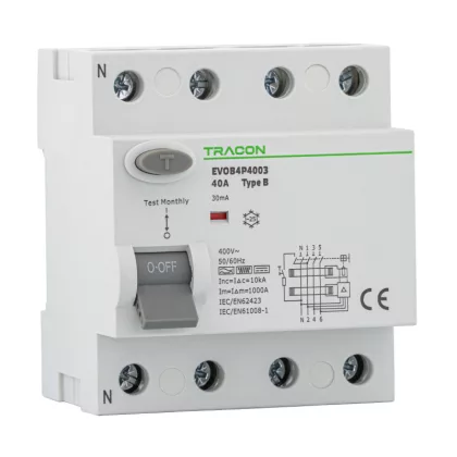   TRACON EVOB4P2503 Áram-védőkapcsoló, 4 pólusú 25A, 30mA, 10kA, B (Fi-relé)