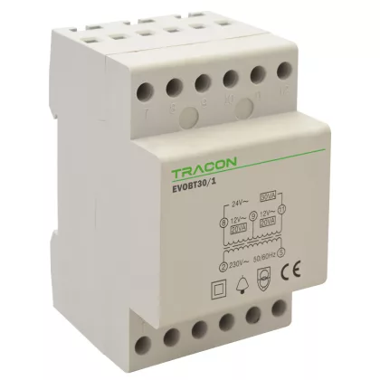 TRACON EVOBT30/1 Biztonsági (csengő) transzformátor 230V/12-12-24V AC, Psmax.:30VA, Is:1,2