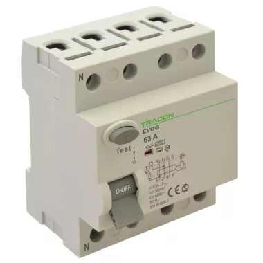 TRACON EVOG4P633 Áram-védőkapcsoló, 4 pólusú 63A, 300mA, 6kA, A (Fi-relé) TRACON EVOG4P633 Áram-védőkapcsoló, 4 pólusú 63A, 300mA, 6kA, A (Fi-relé)