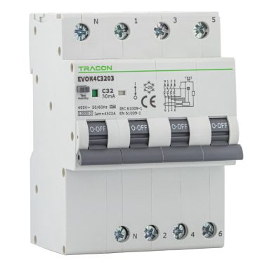TRACON EVOK4B1603 Kombinált védőkapcsoló, 4P, 4modul, B karakterisztika B16A, 30 mA, 10kA,