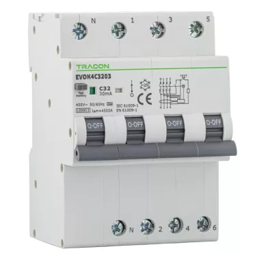 TRACON EVOK4B1603 Kombinált védőkapcsoló, 4P, 4modul, B karakterisztika B16A, 30 mA, 10kA, A