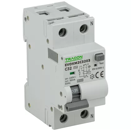 TRACON EVOKM2C3203 Kombinált védőkapcsoló, 2P, 2modul, C karakterisztika 32A, 30 mA, 10kA, TRACON EVOKM2C3203 Kombinált védőkapcsoló, 2P, 2modul, C karakterisztika 32A, 30 mA, 10kA,
