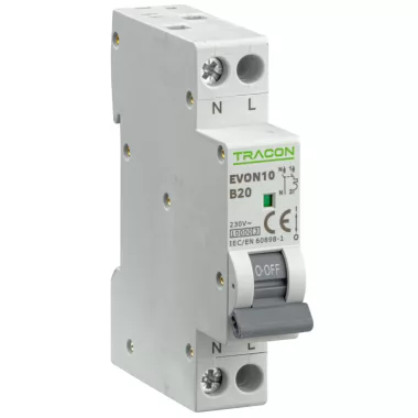 TRACON EVON 1P+N 20A B Kismegszakító, 1+N pólus, B karakterisztika 20A, B, 1P+N, 10kA (EVON 1P+N B20A) TRACON EVON 1P+N 20A B Kismegszakító, 1+N pólus, B karakterisztika 20A, B, 1P+N, 10kA (EVON 1P+N B20A)