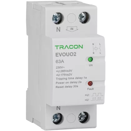   TRACON EVOUO2P63 Aut. visszakapcsoló fesz. növekedési/csökkenési relé AC230V,2P,63AU>:265V,U<:175V, Uon:2s, Trip:1s, Res:30s