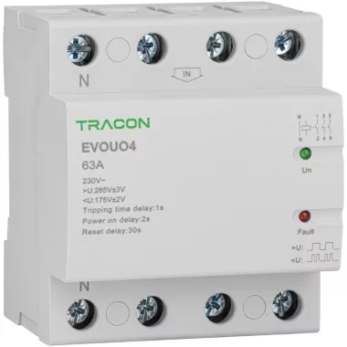 TRACON EVOUO4P63 Aut. visszakapcsoló fesz. növekedési/csökkenési relé AC230V,4P,63AU>:265V,U<:175V, Uon:2s, Trip:1s, Res:30s