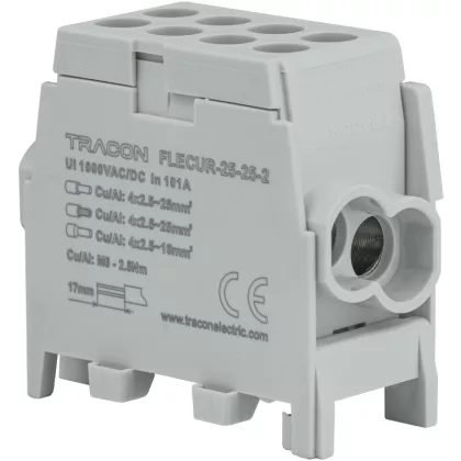   TRACON FLECUR-25-25-2 Főáramköri leágazó kapocs,sínre,szürke,engedélyes 2.5-25mm2, max. 1000VAC/DC, max.101A