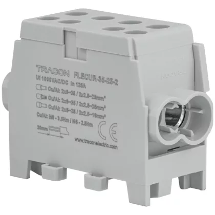   TRACON FLECUR-35-25-2 Főáramköri leágazó kapocs,sínre,szürke,engedélyes 6-35mm2, max. 1000VAC/DC, max.125A