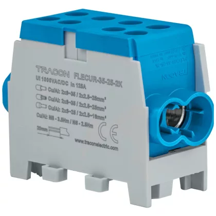  TRACON FLECUR-35-25-2K Főáramköri leágazó kapocs,sínre,kék,engedélyes 6-35mm2, max. 1000VAC/DC, max.125A