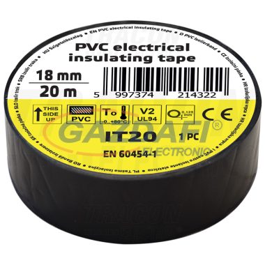 TRACON IT20 Szigetelőszalag, fekete 20m×18mm, PVC, 0-80°C, 5.5kV/mm, 10 db/csomag