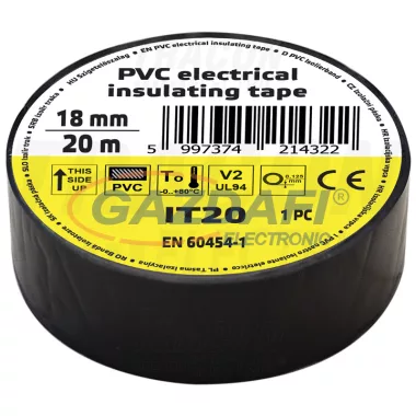 TRACON IT20 Szigetelőszalag, fekete 20m×18mm, PVC, 0-80°C, 5.5kV/mm, 10 db/csomag TRACON IT20 Szigetelőszalag, fekete 20m×18mm, PVC, 0-80°C, 5.5kV/mm, 10 db/csomag