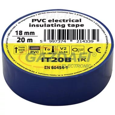 TRACON IT20B Szigetelőszalag, kék 20m×18mm, PVC, 0-80°C, 5.5kV/mm, 10 db/csomag TRACON IT20B Szigetelőszalag, kék 20m×18mm, PVC, 0-80°C, 5.5kV/mm, 10 db/csomag