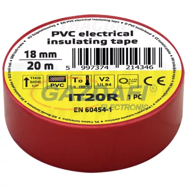 TRACON IT20R Szigetelőszalag, piros 20m×18mm, PVC, 0-80°C, 5.5kV/mm, 10 db/csomag TRACON IT20R Szigetelőszalag, piros 20m×18mm, PVC, 0-80°C, 5.5kV/mm, 10 db/csomag