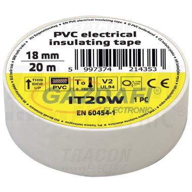 TRACON IT20W Szigetelőszalag, fehér 20m×18mm, PVC, 0-80°C, 5.5kV/mm, 10 db/csomag