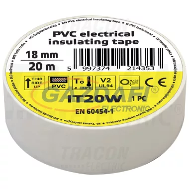 TRACON IT20W Szigetelőszalag, fehér 20m×18mm, PVC, 0-80°C, 5.5kV/mm, 10 db/csomag TRACON IT20W Szigetelőszalag, fehér 20m×18mm, PVC, 0-80°C, 5.5kV/mm, 10 db/csomag