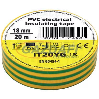 TRACON IT20YG Szigetelőszalag, zöld/sárga 20m×18mm, PVC, 0-80°C, 5.5kV/mm, 10 db/csomag