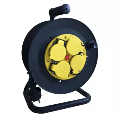 TRACON KD-9/25-B Kábeldobos hosszabbító, fémvázzal 4×SCHUKO, 25m, 250V AC, 16A, 3×1,5mm2, H07RN-F, IP44