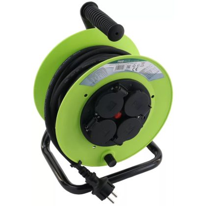   TRACON KDZ-4/10G Kábeldobos hosszabbító, fémvázzal 4×SCHUKO, 10m, 250V AC, 16 A, 3×1,5mm2, H07RN-F, IP44