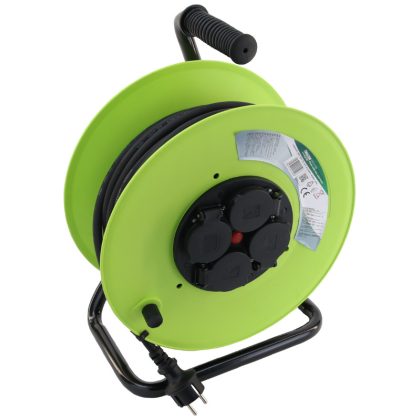   TRACON KDZ-4/20G Kábeldobos hosszabbító, fémvázzal 4×SCHUKO, 20m, 250V AC, 16 A, 3×1,5mm2, H07RN-F, IP44