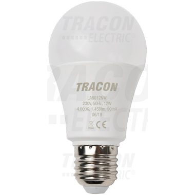 TRACON LA6012NW Gömb burájú LED fényforrás230 V, 50 Hz, 12 W,4000 K, E27, 1450 lm, 250°, A60, EEI=A+