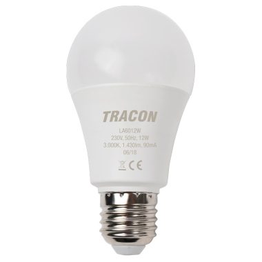 TRACON LA6012W Gömb burájú LED fényforrás 230 V, 50 Hz, 12 W, 3000 K, E27, 1430 lm, 200°, 