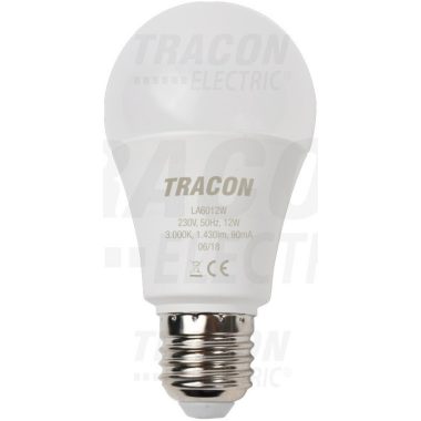 TRACON LA6012W Gömb burájú LED fényforrás230 V, 50 Hz, 12 W, 2700 K, E27, 1430 lm, 250°, A60, EEI=A+