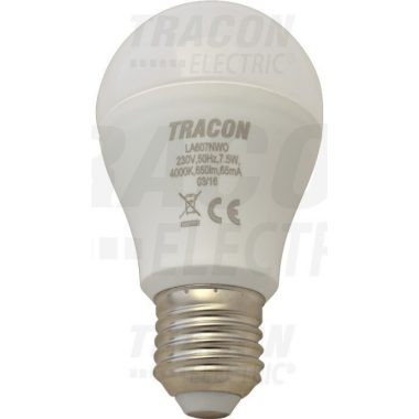 TRACON LA607NW Gömb burájú LED fényforrás230 V, 50 Hz, 7 W, 4000 K, E27, 500 lm, 250°, A60, EEI=A+