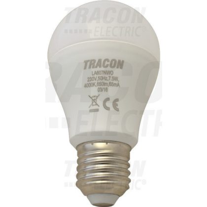   TRACON LA607NW Gömb burájú LED fényforrás230 V, 50 Hz, 7 W, 4000 K, E27, 500 lm, 250°, A60, EEI=A+