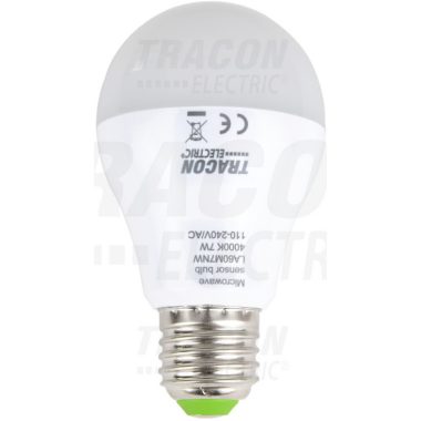 TRACON LA60M7NW LED fényforrás beépített mozgásérzékelővel 110-240 V, 50/60 Hz, 7W,600lm,4000K,360°,60s,5m,<20lx,EEI=A+