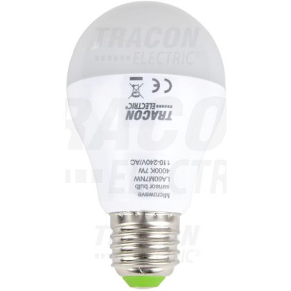   TRACON LA60M7NW LED fényforrás beépített mozgásérzékelővel 110-240 V, 50/60 Hz, 7W,600lm,4000K,360°,60s,5m,<20lx,EEI=A+