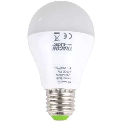   TRACON LA60M7NW LED fényforrás beépített mozgásérzékelővel 110-240 V, 50/60 Hz, 7W,600lm,4000K,360°,60s,5m,<20lx, EEI=F