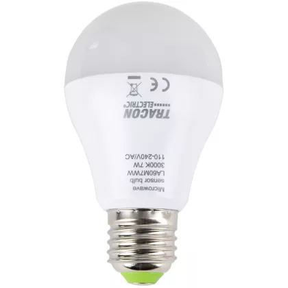   TRACON LA60M7WW LED fényforrás beépített mozgásérzékelővel 110-240 V, 50/60 Hz, 7W,600lm,2700K,360°,60s,5m,<20lx, EEI=F
