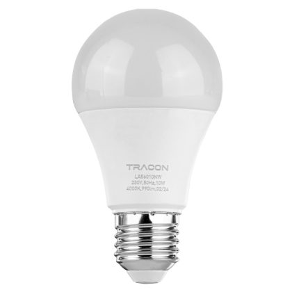   TRACON LAS6010NW Gömb burájú LED fényforrás SAMSUNG chippel 230V,50Hz,10W,4000K,E27,990 lm,200°,A60,SAMSUNG chip, EEI=F